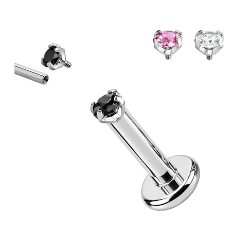 Image of Titanium G23 Internally Threaded CZ Earring - High Polish 16G for Ear, Helix, Tragus, Nose & Lip - Hypoallergenic 4 mm Flat Back with Clear, Pink, Black tops in 7mm and 8mm Length - SOLD AS ONE PIECE