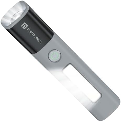 Portronics Eco Glow 2 Tactical Rechargeable Flashlight Torch,Adjustable Focus with Telescopic Zoom, Dual Brightness&SOS Modes,Side LED Panel,300 Lumens,1200mAh Battery,for Camping,Hiking & Emergencies