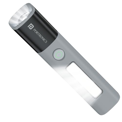 Portronics Eco Glow 2 Tactical Rechargeable Flashlight Torch,Adjustable Focus with Telescopic Zoom, Dual Brightness&SOS Modes,Side LED Panel,300 Lumen