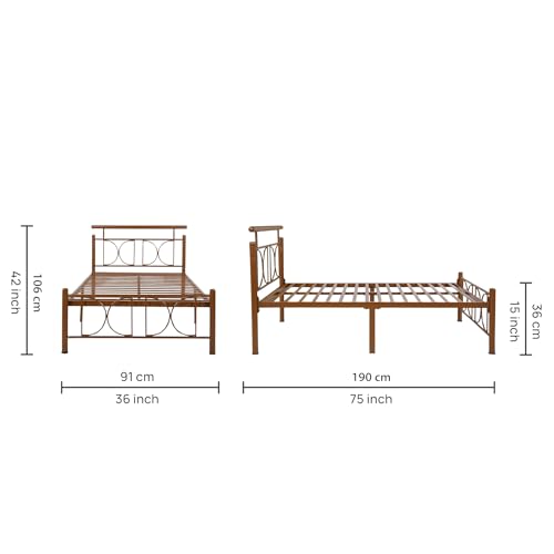 Image of Mexo Metal Extra Single Size Bed Without Storage | Wrought Iron Single Bed with Headboard & Footboard| Sturdy Powder Coated Platform Cot for Bedroom (Mexo Brown)