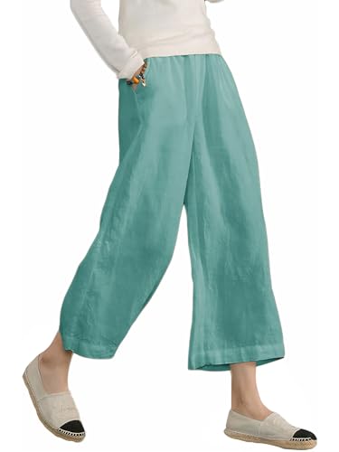 Image of ECUPPER Womens Cotton Cropped Pants Loose Fit Wide Leg Trousers | Casual, Plus Size, Elastic Waist, Capri, 100% Cotton, Slant Pockets, High Rise Waist, Lounge Pants