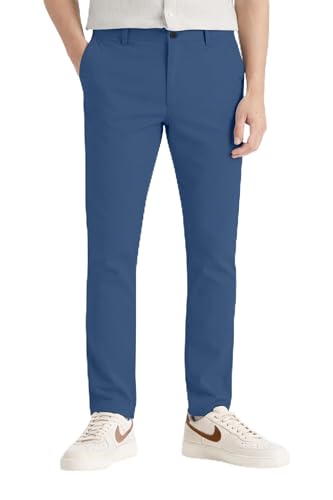 Image of Thread Bloom Men's Chino Trousers Slim-Fit 5-Pockets Comfort Stretch Cotton Twill Wrinkle-Resistant Flat-Front Casual Office Workwear Formal Smart Chino Pants 30W-40W (Pale Blue, 32W x 30L)