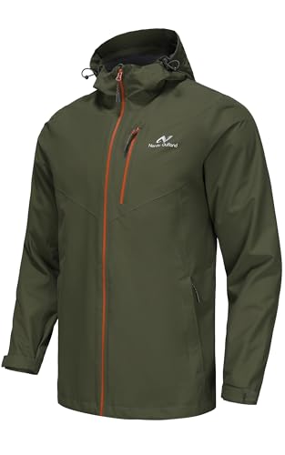 NORDIC OUTLAND Mens Lightweight Hooded Waterproof Rain Jacket Breathable Raincoat Shell for Outdoor Mountain Hiking, Army Green, XL