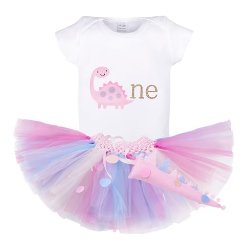 Baby Girls Dino 1st Birthday Tutu Outfit Infant Cotton Romper+Tutu Skirt+Dino Tail Cake Smash 3PCS Clothes Set