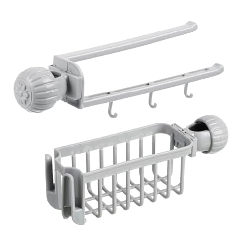 HEALEEP Escurridor para Grifo de Cocina Gris Nordico, Soporte Ajustable Portaesponjas y Toallero Ganchos, Estante Organizador para Fregadero, Accesorio Resistente Abs y Pp, 2 Piezas
