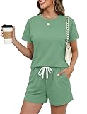 Rapbin Damen Loungewear Kurzarm Einfarbig Rundhalsausschnitt Tracksuit Zweiteiler Set mit Elastischem Bund und Taschen Grün