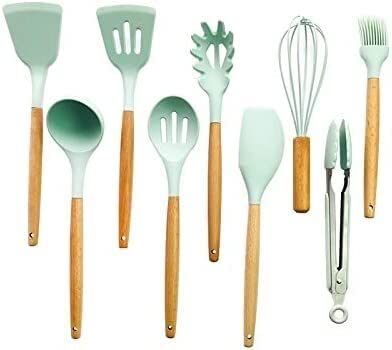 Küchenutensilien Set, Küchenhelfer Set, Küchen-Kochutensilien-Set mit 9 Stück Silikon-Holzspatel, Löffel, Sieb, Schaufel, Kochutensilien, Küchenwerkzeug