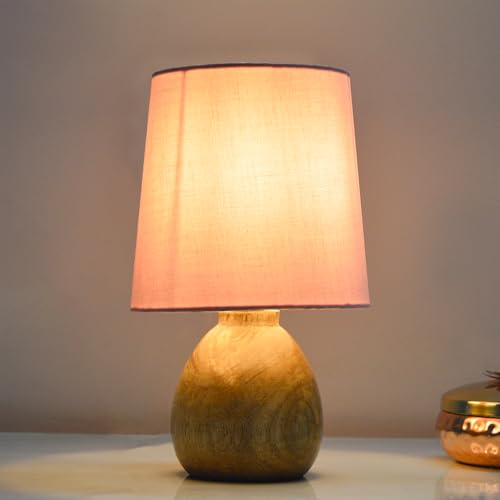 Image of Wooden Bedside Table Lamp with Fabric Shade, Warm Ambient Light, Handmade Mango Wood Base, Rustic Farmhouse Design, Cute Dowel, 15 x 15 x 25 cm (Pink)