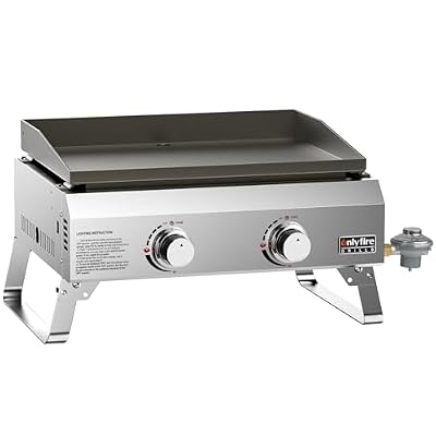 ONLYFIRE GRILLS Tabletop Gas Griddle, 2-Burner Propane Gas Flat Top Griddle, Portable Gas Stove for Outdoor Patio BBQ Camping Tailgating RV, Stainless Steel, GS319V
