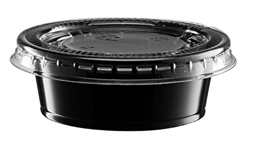 Image of 1.5 oz - 100 Sets Black Diposable Plastic Portion Cups With Lids, Small Mini Containers For Portion Controll, Jello Shots, Meal Prep, Sauce Cups, Slime, Condiments Disposable Souffle Cups