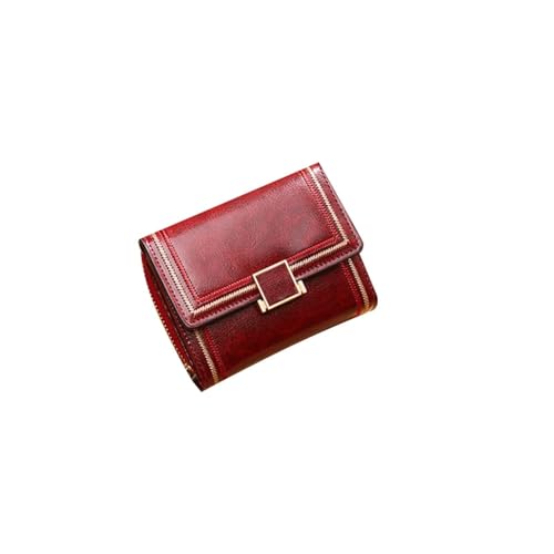 Fashion Wallet for Women - Retro Oil Wax PU Leather Multi-Card Zipper Short Clutch with Snap Closure (Wine Red)