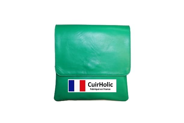 Pochette bandoulière rabat cuir d'agneau véritable vert taille S pour femme