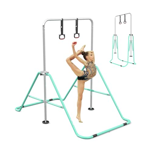 FINCOME Gymnastics Bar for Kids with Gymnastics Rings, Height Adjustable Gymnastics Horizontal Bar, Foldable Bar Gymnastics Equipment for Home Room Indoor Outdoor Gym Practics, Gymnastic Bar Green