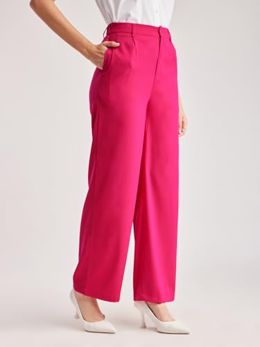 Image of FableStreet Women's Formal Trousers | High-Rise Pleated Wide-Leg Design | Solid Pattern with Plain Weave | Comfortable Office Wear for Business Meetings & Formal Events