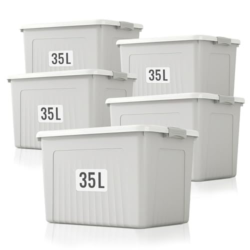 Froppi 5 x 35 Litre Premium Useful Plastic Storage Box with Lockable Lid | Stackable | Grey | L49 W35 H26 cm | 5 Pack