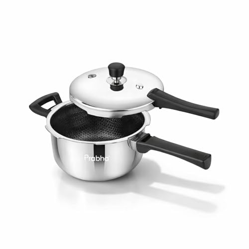 Image of Prabha Stainless Steel Pressure Cooker Outer Lid 6 Litre Tri-Ply Hexa Cube Non-Stick Manual Kitchen Cookware ISI Certified for Gas & Induction