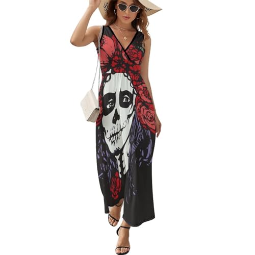 Robe d'été sans manches fleur crâne haut de gamme avec sa coupe fluide et son grand col V