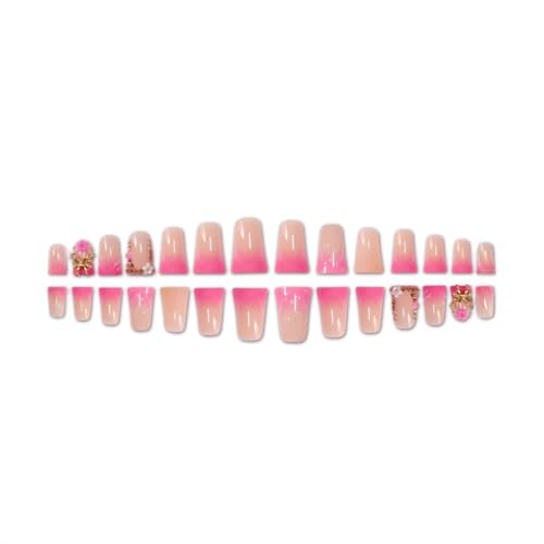 Image of Pink Nail Press ons Ombre French Tip Fake Nails Flower False Nails with Butterfly Design Glossy Duck Glue on Nails Reusable Artificial Acrylic Full Cover Stick on Nails for Women Manicure 24Pcs