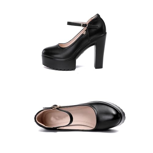 Women's Leather Platform Chunky High Heel Mary Janes Fashion Closed Round Toe Block Heels Nkle Strap Pumps for Office Party Wedding Dress Shoes4