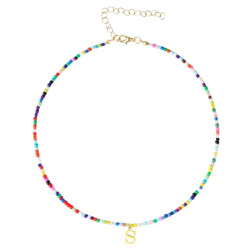 Alaoo Collar de Cuentas de Colores con Inicial, Gargantilla Hecha con Cuentas y Letras, Gargantilla con Inicial Bohemia Personalizada, Collar con Colgante para Adolescentes, Niñas y Mujeres (S)