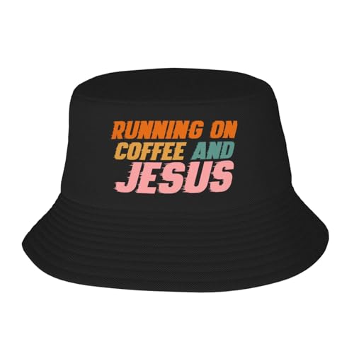 ZEKECE Running on Coffee and Jesus Bucket Hat, Wide Brim Outdoor Sun Hat Flat Top Cap for Fishing Hiking Beach Sports,Black