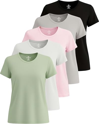 Image of Real Essentials 5 Pack: Women's Dry Fit Tech Stretch Short-Sleeve Crew Neck Athletic T-Shirt Available in Plus Size Set Medium