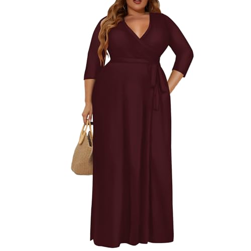 Milloud Plus Size Dress for Women - 3/4 Sleeve V-Neck Maxi Dress for Women with Belt and Pockets Burgundy 2XL