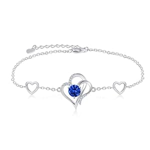 RIVIKO Love Heart Charm Bracelet For Women 925 Sterling Silver With Zirconia Birthstone Bracelets Adjustable Link for Mother Wife Sister Birthday Christmas Mother’s Day Valentine’s Day Jewelry Gift