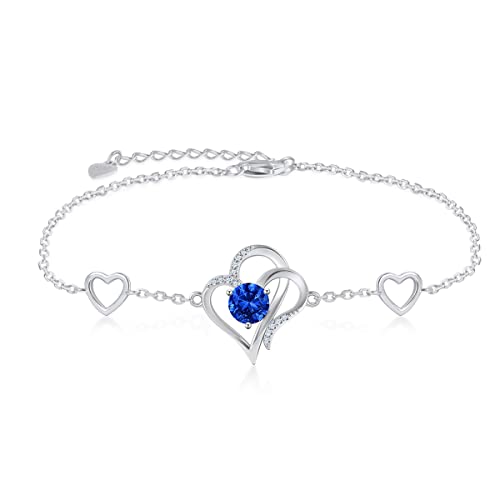 RIVIKO Love Heart Charm Bracelet For Women 925 Sterling Silver With Zirconia Birthstone Bracelets Adjustable Link for Mother Wife Sister Birthday Christmas Mother’s Day Valentine’s Day Jewelry Gift