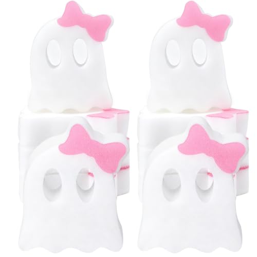 Image of Tioncy 12 Pack Pink Bow Ghost Kitchen Sponges Bulk Dual Sided Scrubber Ghost Sponges Reuseble Non Scratch Dishwashing Kitchen Cleaning Accessories for Cookware Pot Boiler Pan Household