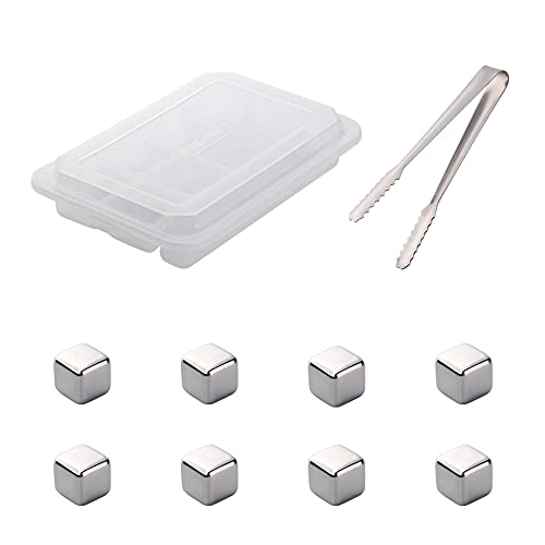 18/8 Stainless Steel Chilling Cube, BuyGo Reusable Ice Cubes Metal Whiskey Stone with Ice Tong and Freezer Storage Tray, Ideal for Wine, Whiskey, Juice, Set of 8