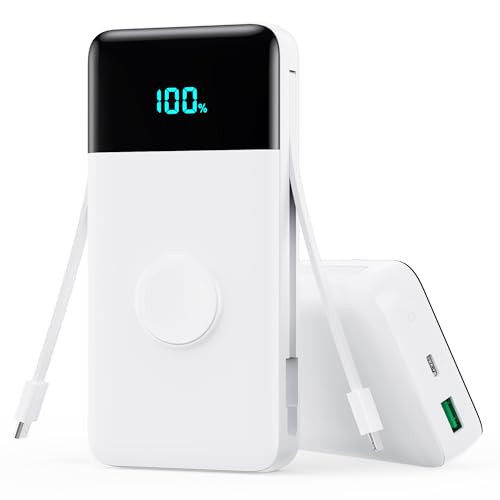 Trswyop Power Bank 26800mAh con Cargador i-Watch, 25W PD+QC4.0 USB C Carga Rápida Batería Externa con 2 Cables Integrados, 5 Salidas Cargador Portátil LCD Compatible con Apple Watch, iPhone, Samsung