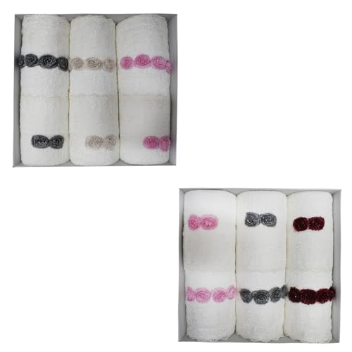 Russo Tessuti Set Asciugamani Spugna FERLEN 3+3 Viso Ospite Rosellina Lurex Bordeaux Beige Grigio Singolo Variante 2