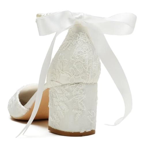 Image of Block Heel Wedding Shoes for Bride Pointed Toe Pearl Wedding Heels Bridal Shoes