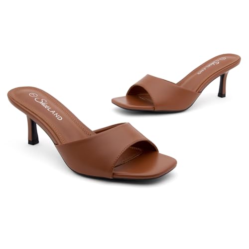 Image of Shoe Land Women's Low Heels Stiletto Heeled Slides, Open Toe One Band Slip-On Heeled Mules - Dressy Heeled Sandals for Prom, Party Wedding and Vacation