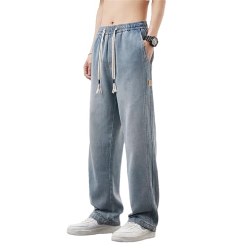 Men Starry Sky Texture Fabric Jeans Baggy Wide Leg Denim Pants Elastic Waist Trousers Light Blue 4XL