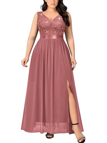 MISSMAY Women's Plus Size Sequined Lace Deep V-Neck Sleeveless Slit Formal Evening Party Maxi Dress