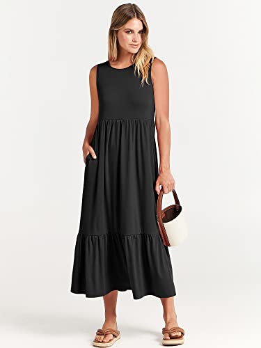 Anrabess Women's Casual Summer Sleeveless Ruffle Sundress Round Neck A-Line Pleated Maxi Dress With Pockets 499Heise-S Black #TOP1