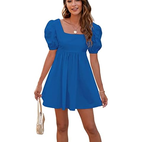 Rozegaga Womens Sexy Puffed Sleeve Backless Lace Up Babydoll Mini Dresses Bright Blue Medium Cover