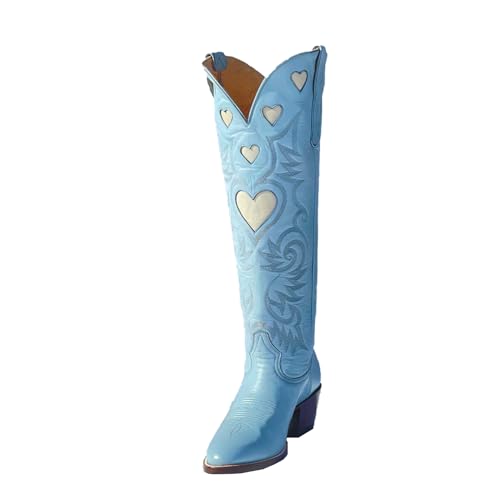 Women's Cowboy Boots Wide Calf Knee High Cowboy Boots Western Embroidered Stars Almond Toe Chunky Heel Wedding Boots2