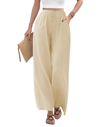 Buauty Wide Leg Linen Pants Women Plus Size Palazzo Pants High Waisted Lounge Pants Casual Comfy Flowy Beach Summer Trousers