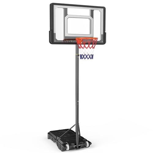 Krovtoy Panier de basket d'extérieur pour enfants/adolescents - Avec roulettes - Portable - 154 à 210 cm - Hauteur réglable - Avec panneau arrière en polycarbonate de 83 x 59 cm et base agrandie -