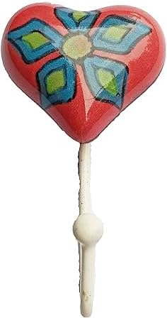 PARIJAT HANDICRAFT Pintado a mano en forma de corazón bellamente multicolor cerámica gancho de pared suspensión titular de la llave sombrero ropa