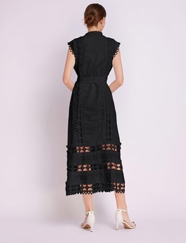 Women Lace Hollow Out Dress Party Midi Casual Sleeveless Button High Neck Dresses with Belt4