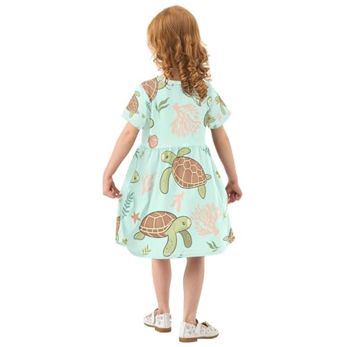 OTVEE Girls Cute Sea Turtles Dresses Swing A-Line Short Sleeve Dresses Casual Clothes,5-6T3