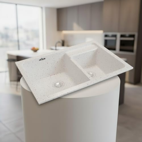 Image of ARQUIN Double Bowl Quartz Kitchen Sink 31x18x9 Inch Rosa | Durable & Scratch-Resistant Sink | Undermount,Topmount | Including Coupling,Sink Connector,Waste Pipe & Fruit Washing Basket