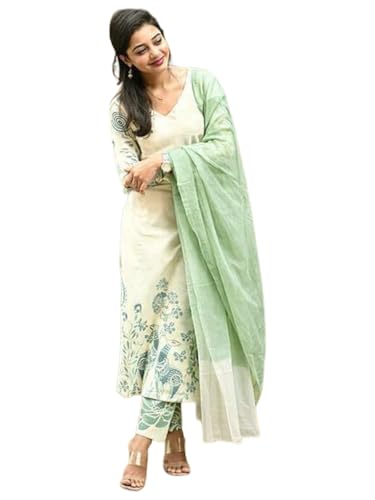 Image of ANNI DESIGNER Women's Rayon Viscose Straight Printed Kurta with Pant and Dupatta | Elegant Floral Print Kurti Set | Soft Breathable Fabric | Stylish Ethnic Outfit for Office, Festive & Casual Occasion