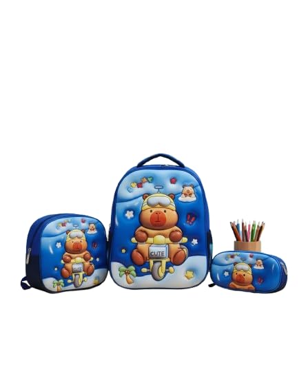 Conjunto Escolar Infantil Capivara 3 Peças, Kit Mochila com Lancheira Térmica e Estojo, Estilo Kawaii 3D, Tema Capybara Fofa, Material Escolar (Bike)