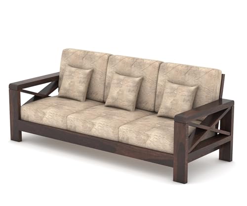 Image of NATRAJ ART & CRAFT Solid Sheesham Wood 3 Seater Hizen Sofa Set for Living Room with Cream Cushions, X-Legs Sofa Set - Light Walnut Finish