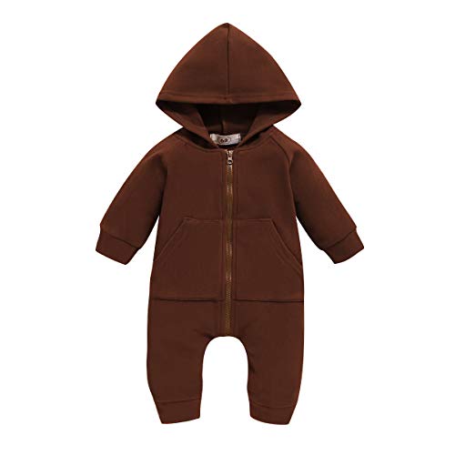 JEELLIGULAR Newborn Baby Boys Girls Zipper Hooded Jumpsuit Romper Long Sleeve Bodysuit Onesie Outfit Fall Winter Warm Clothes (Brown, 6-12 Months)